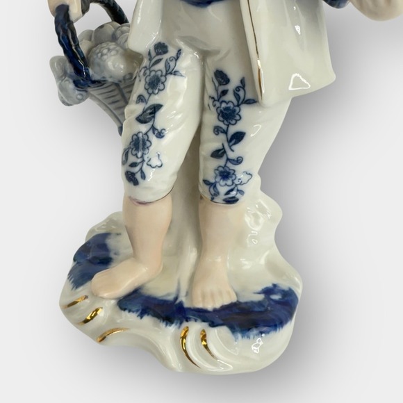 Vintage Blue White Porcelain Figurine Boy Carrying Two Fruit Baskets Gold Trim - Picture 12 of 15